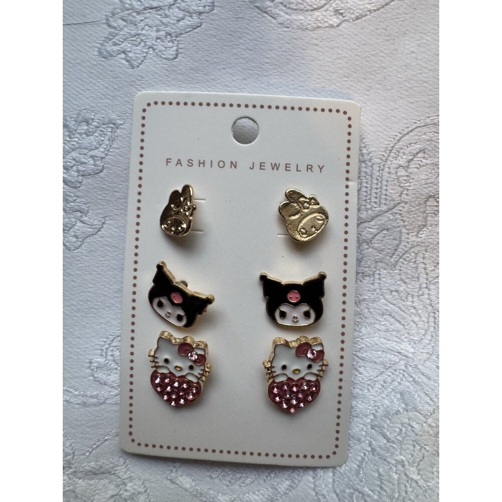HELLO KITTY Karomi 6 PC Set Gold-Tone Rhinestone Stud Earrings Colorful NEW - Picture 3 of 5